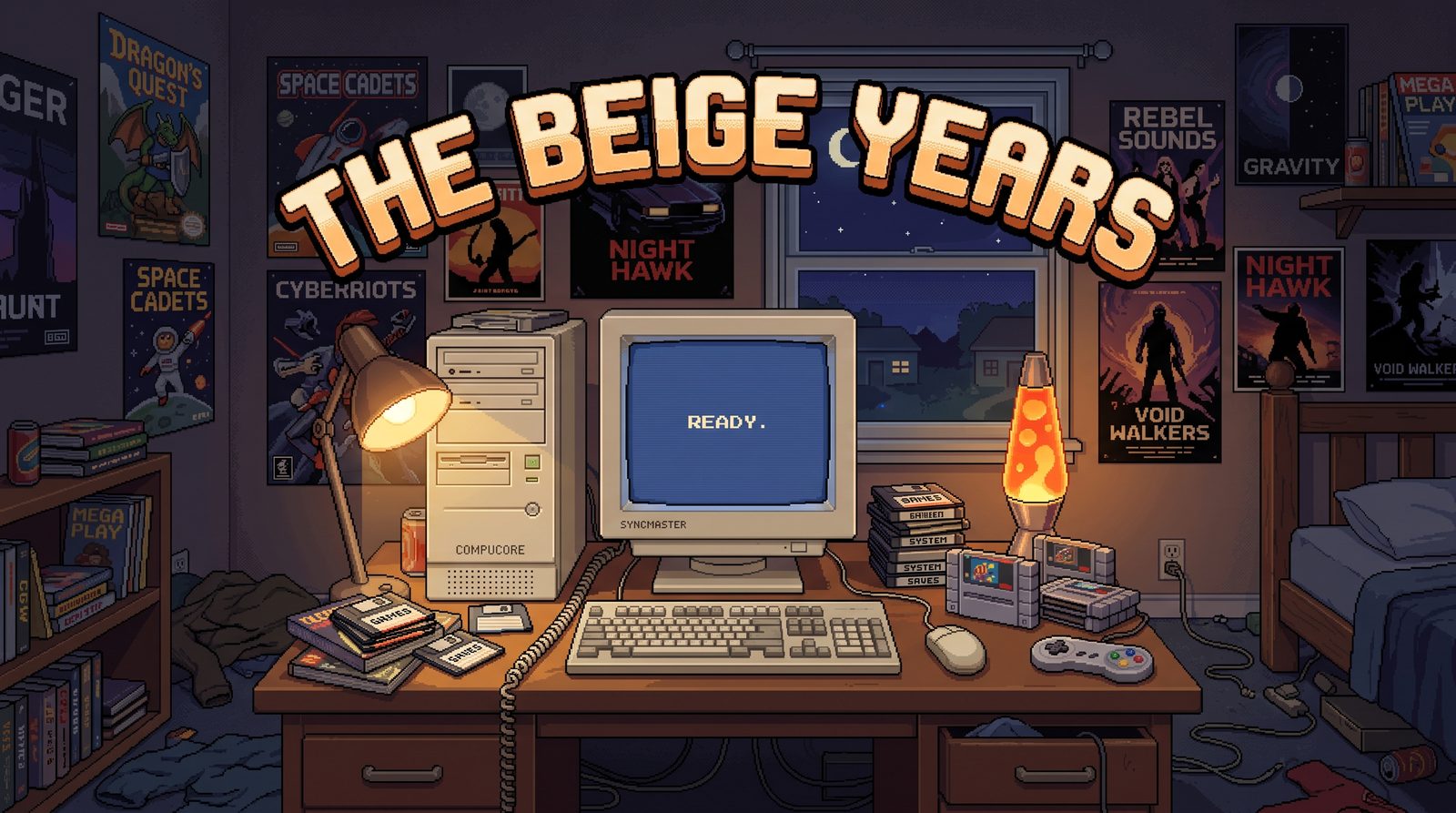 Pixel-art bedroom at night: a beige tower PC and CRT monitor reading READY, floppy disks, cartridges and a lava lamp, under the words The Beige Years.